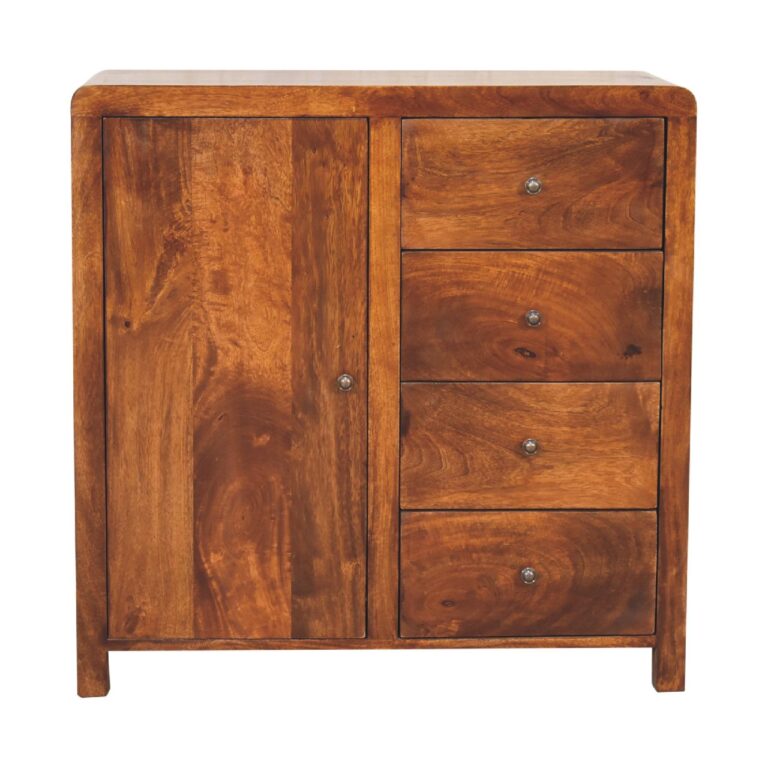Wooden cabinet with drawers on white background.