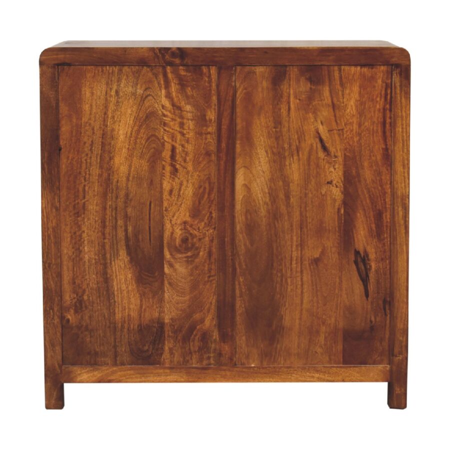 Wooden cabinet with textured finish on white background.