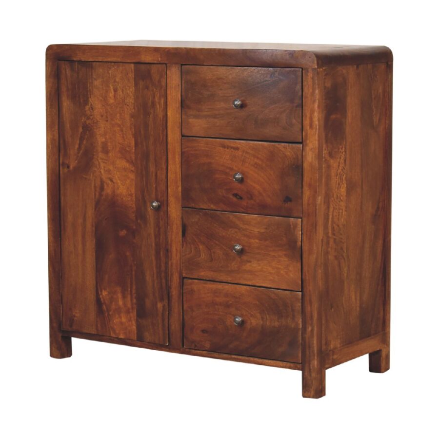 Wooden sideboard with drawers and cupboard.