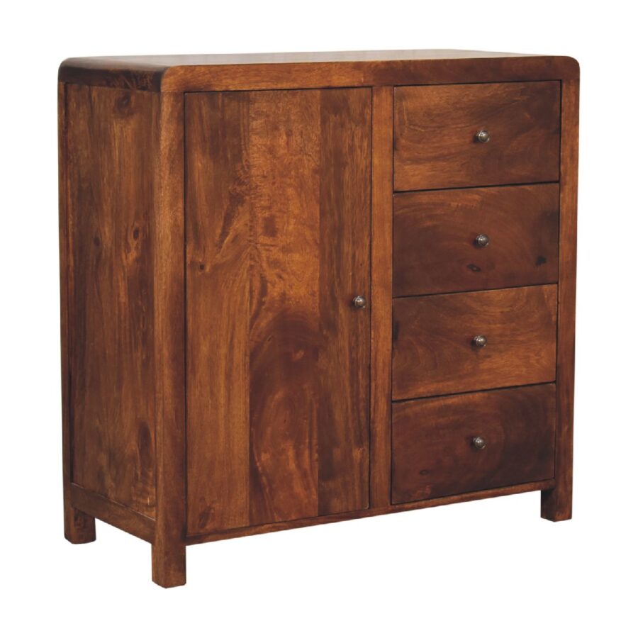 Wooden sideboard with drawers and cabinet, isolated on white.