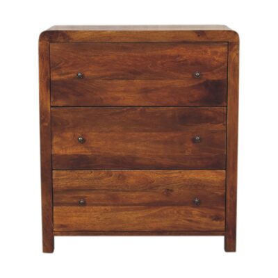Wooden three-drawer bedside cabinet.