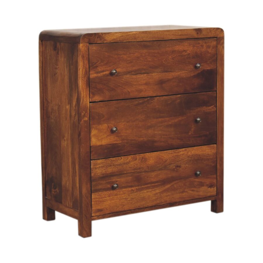 Wooden three-drawer chestnut chest of drawers.