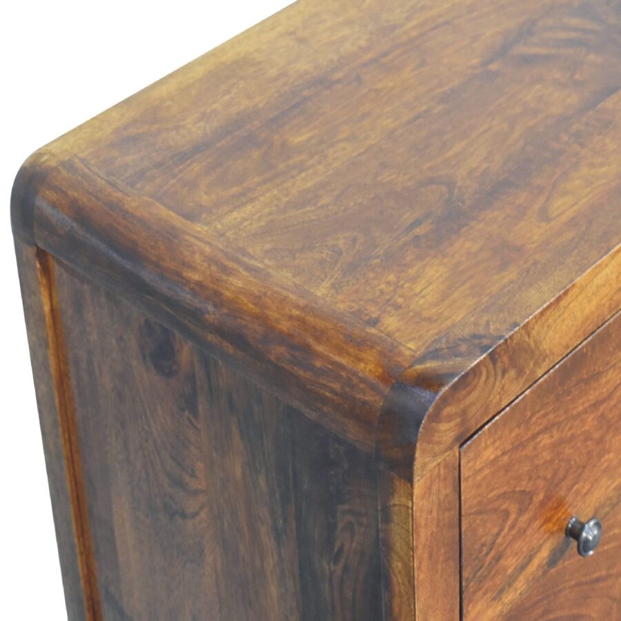 Close-up of wooden desk corner detail.