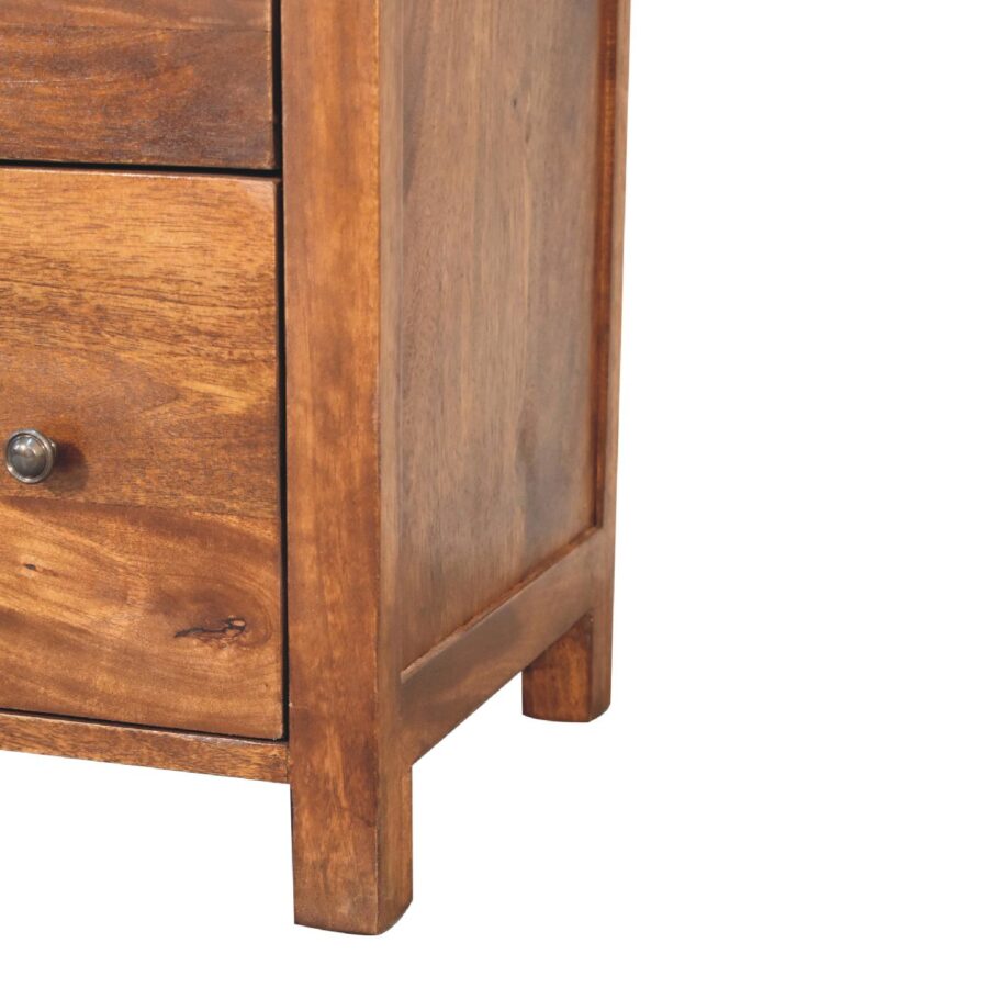 Wooden bedside table with drawer and knob.