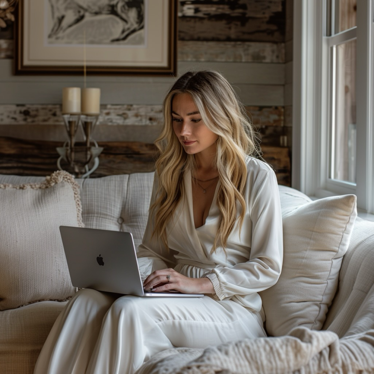 Woman working on laptop in cozy home interior.