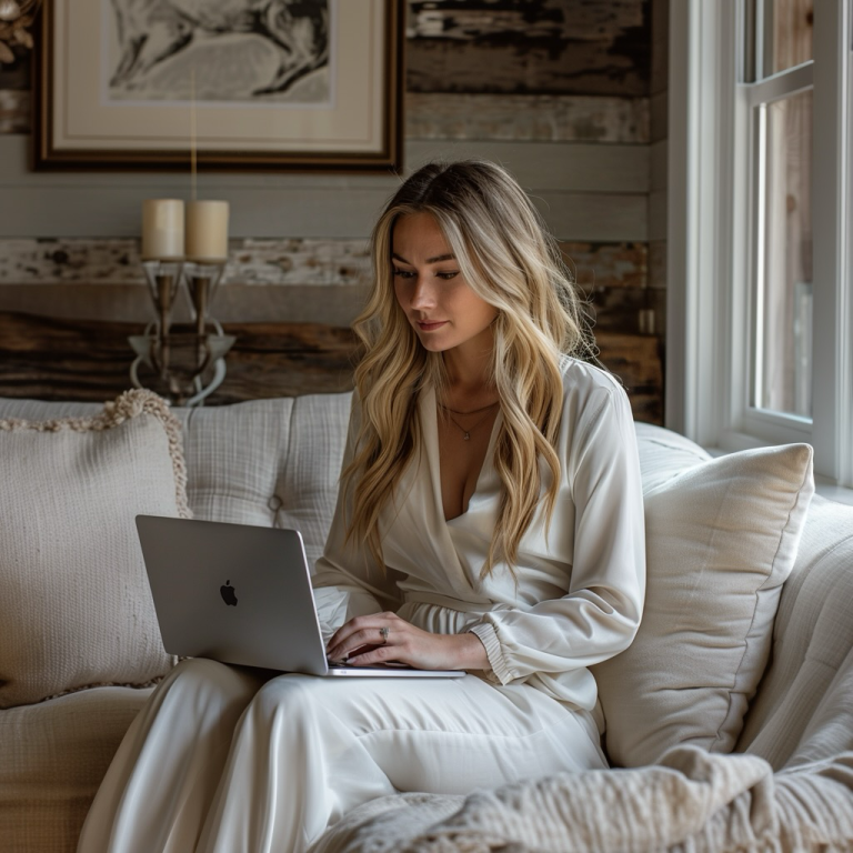 Frau arbeitet am Laptop in gemütlichem Wohnambiente.