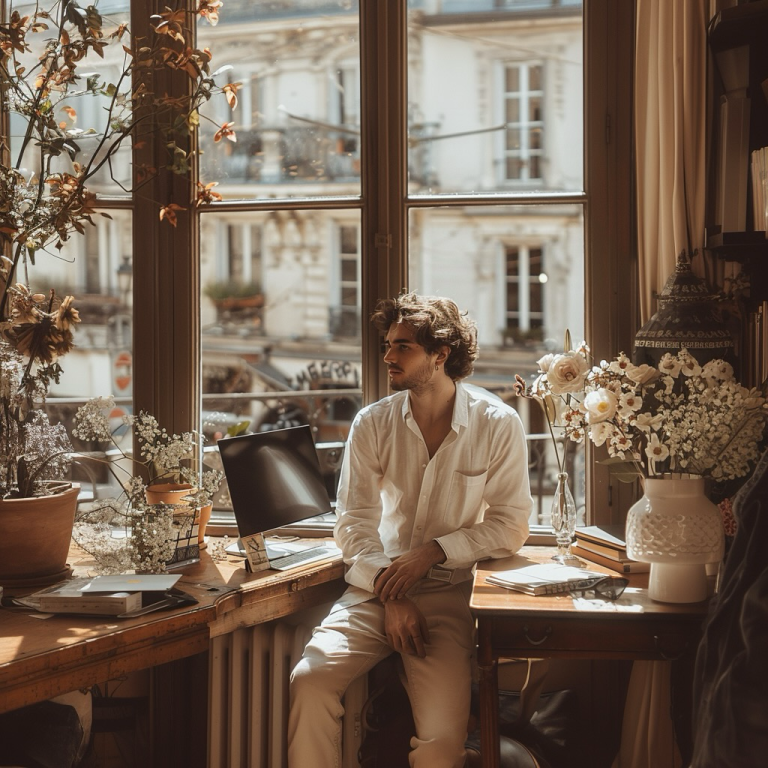 Man pondering by window in sunlit vintage office.