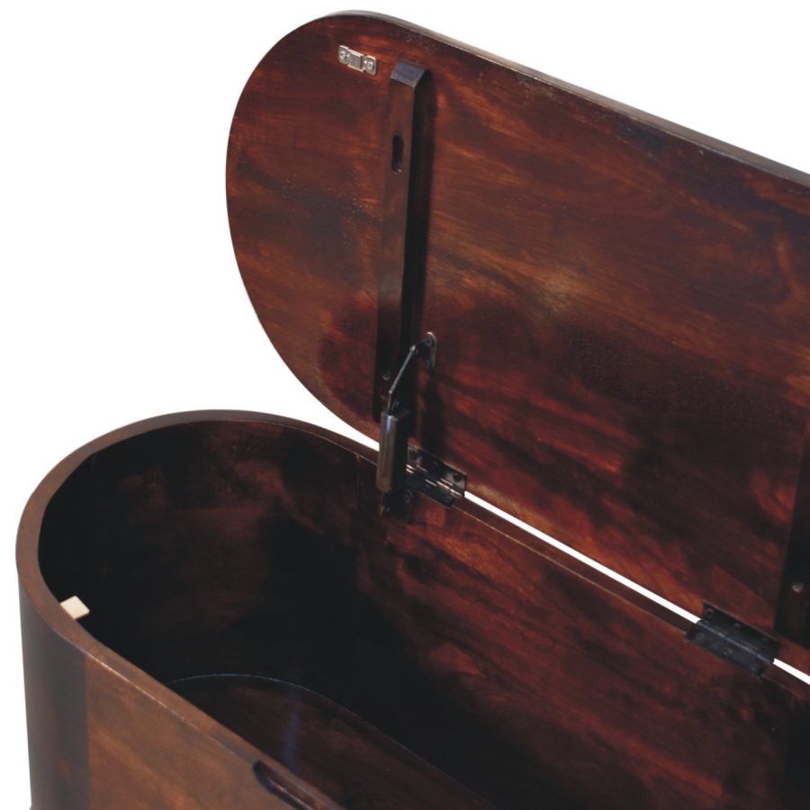 Open wooden storage chest with dark finish.