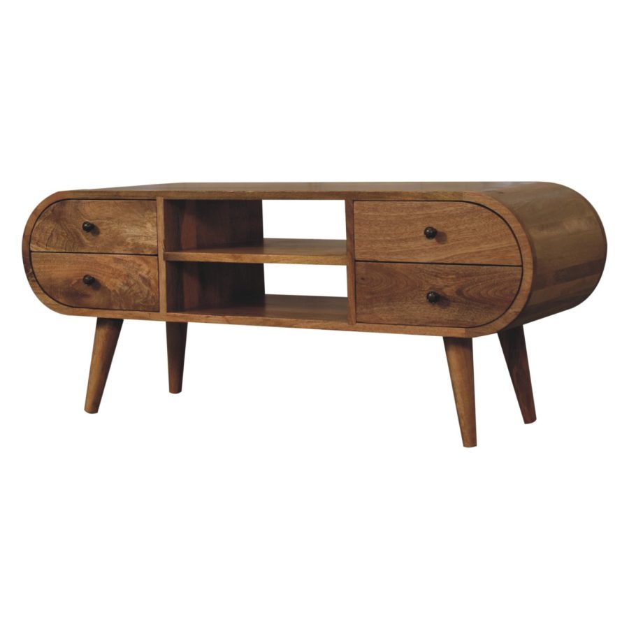 Drewniana komoda w stylu vintage z szufladami i półkami.