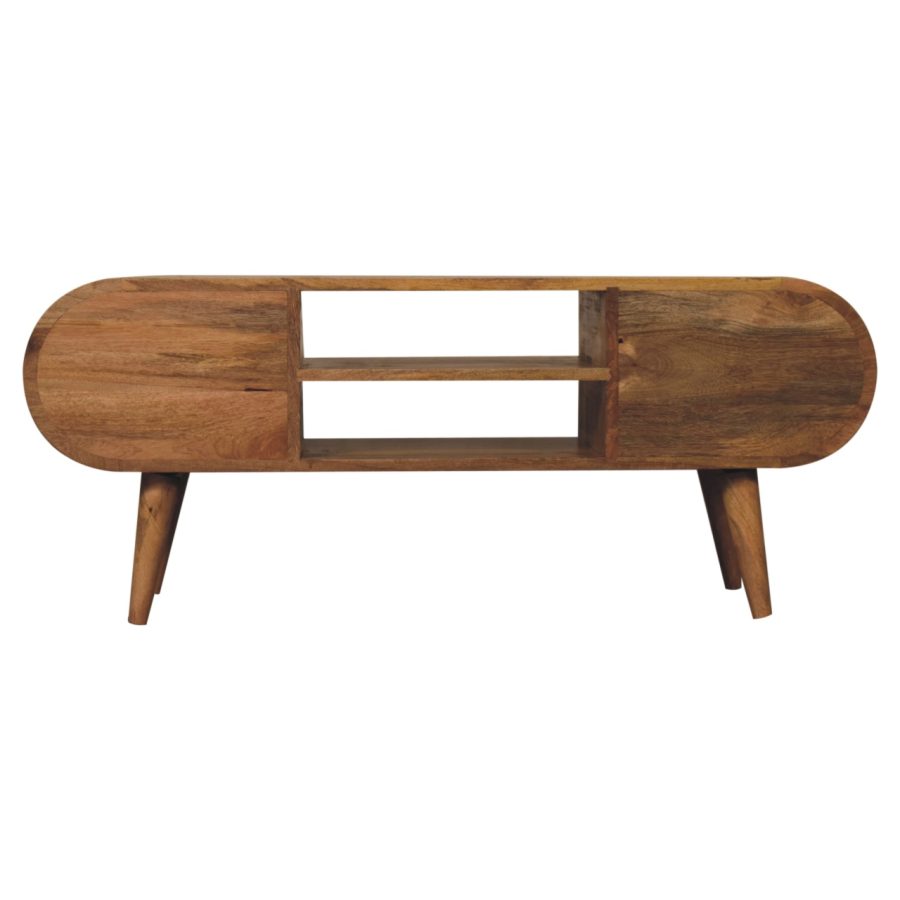 Table console en bois avec compartiments de rangement sur fond blanc.