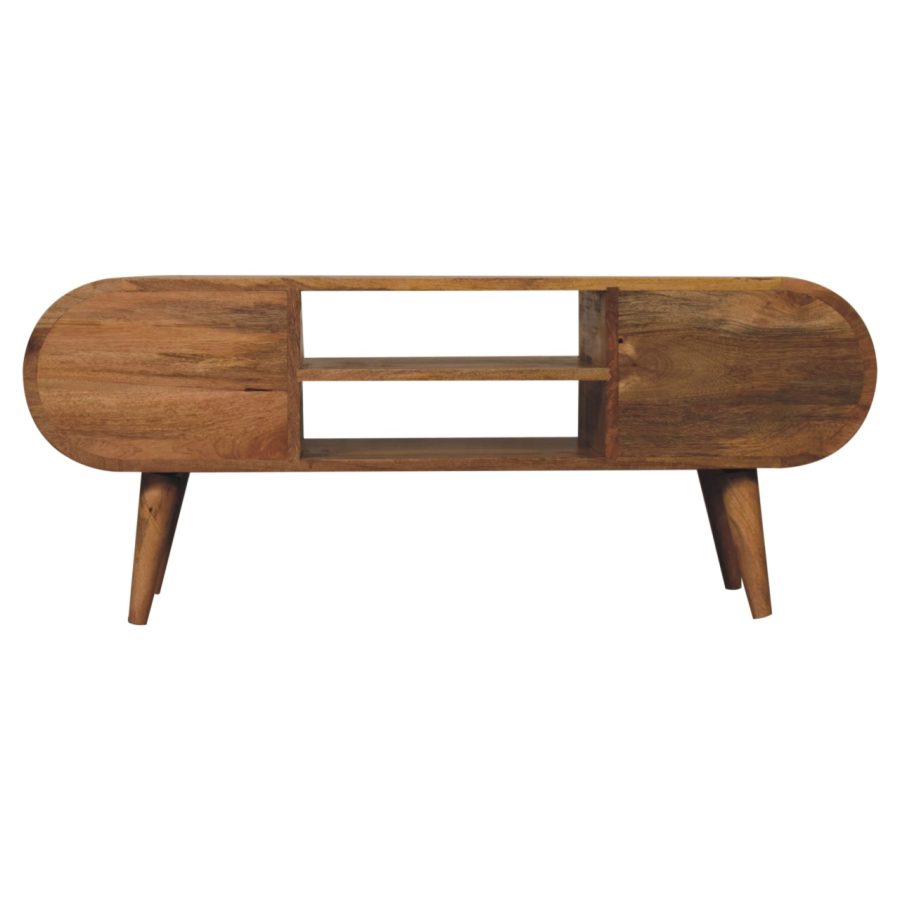 Wooden console table with storage compartments on white background.