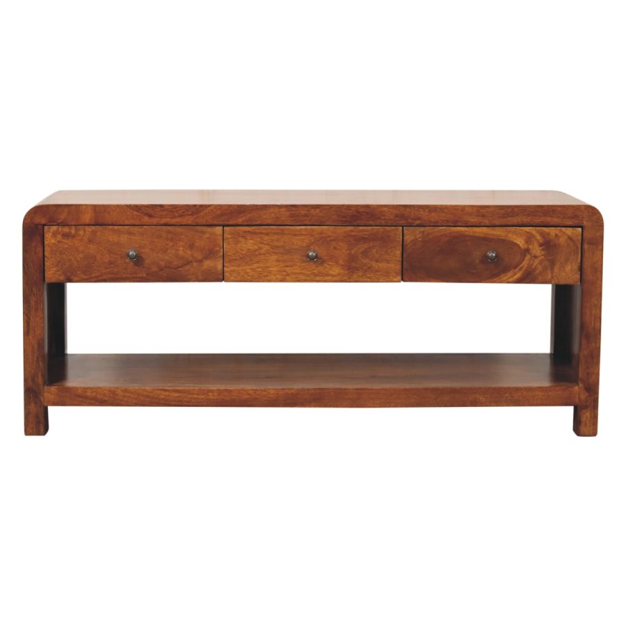 Table basse en bois avec tiroirs et étagère.