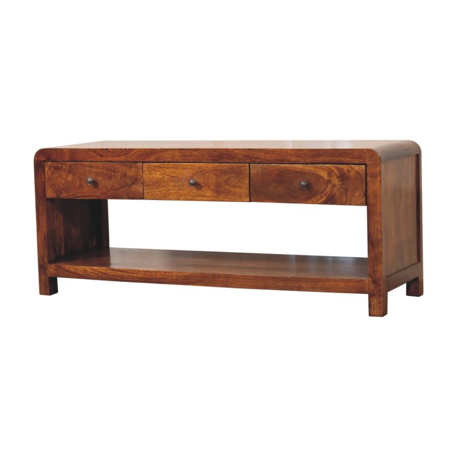 Wooden coffee table with drawers on white background.