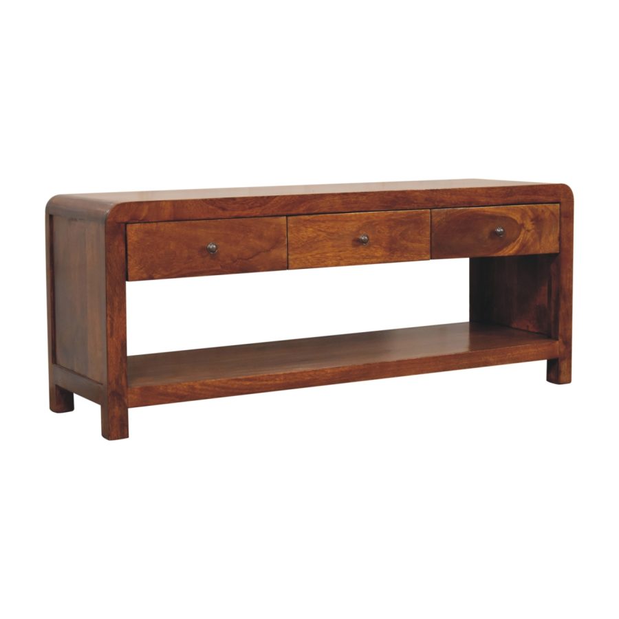 Wooden coffee table with drawers on white background.