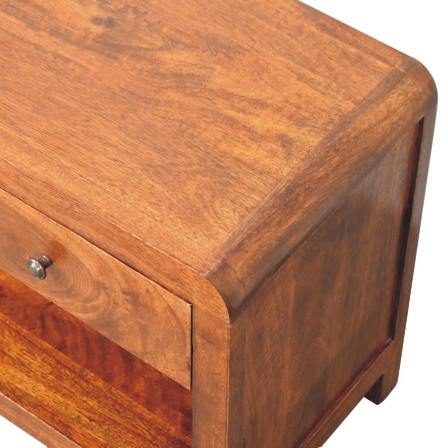 Wooden bedside table with drawer, isolated on white.