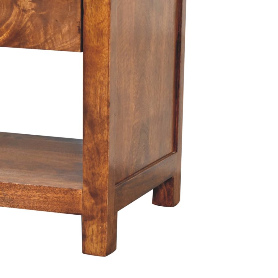 Wooden furniture corner detail on white background.
