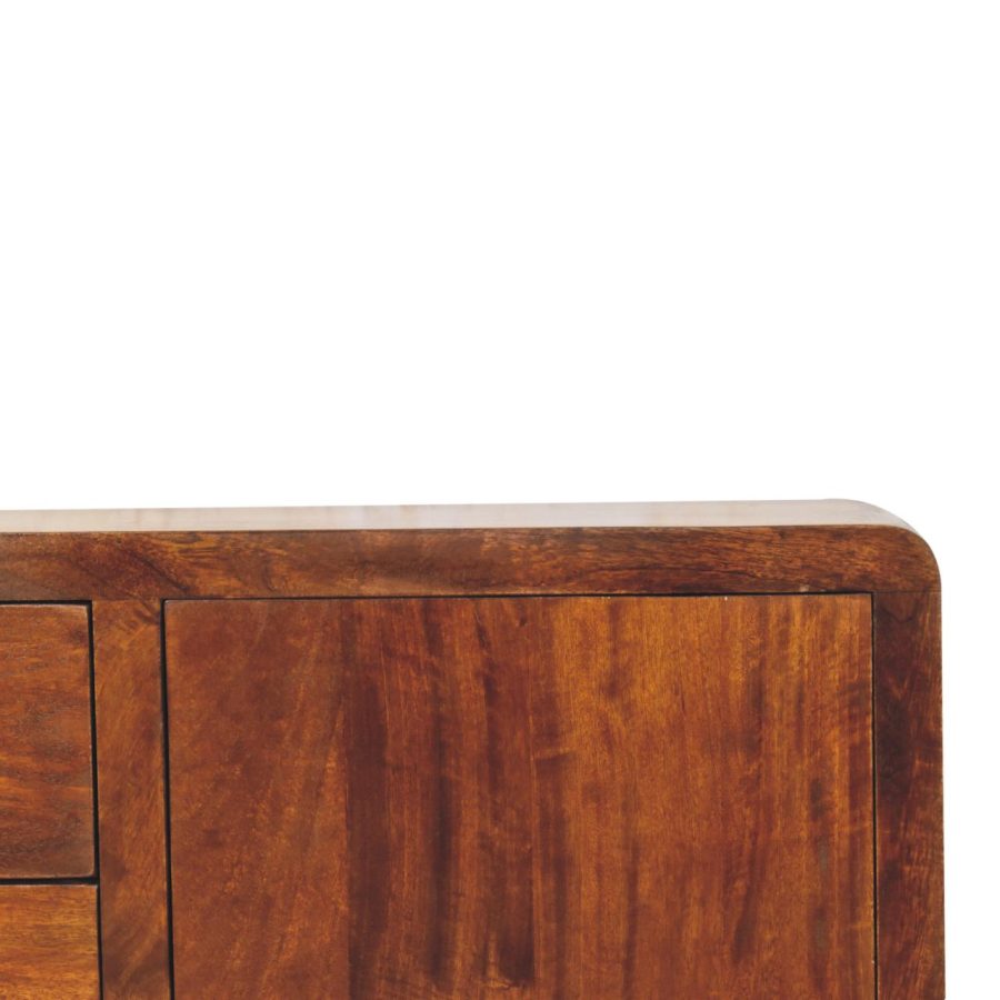 Wooden cabinet corner close-up on white background.