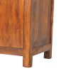 Wooden cabinet corner detail on white background.