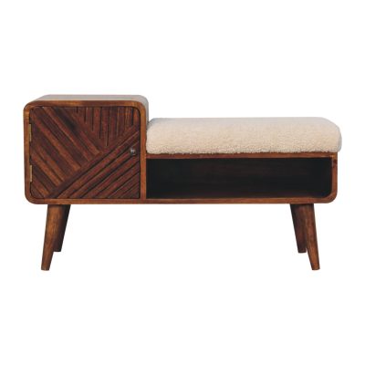 Vintage dřevěná úložná lavice s polštářem