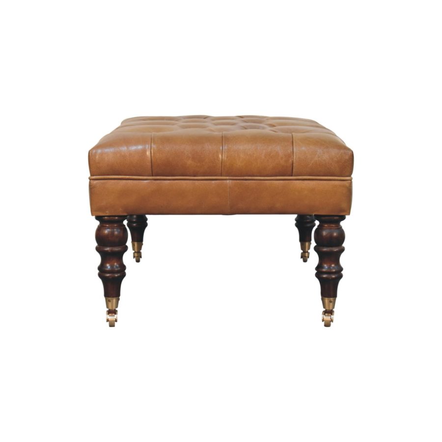 California Walnut Buffalo Tan Leather Ottoman with Castor Legs - Image 10