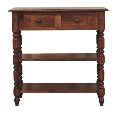 turned leg side table with shelves