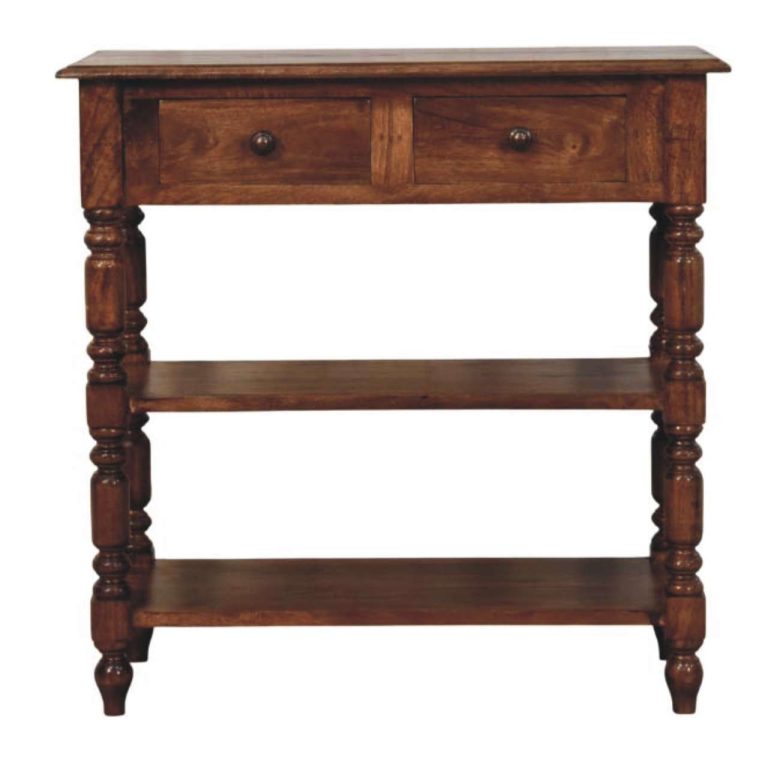 turned leg side table with shelves