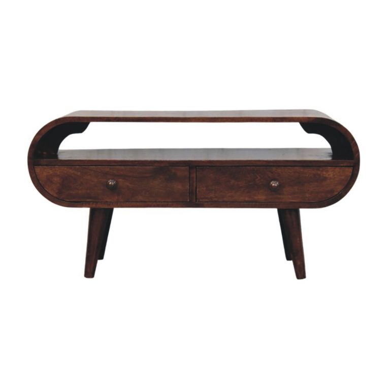 walnut curved two drawer media unit