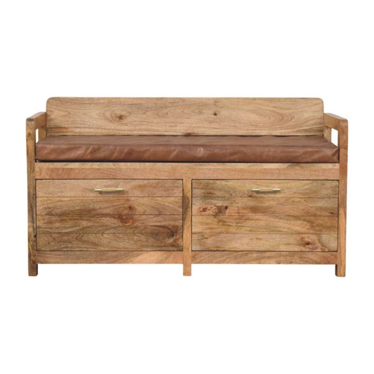 oakish storage bench with brown leather seat