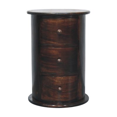 Dark wooden cylindrical bedside table with three drawers
