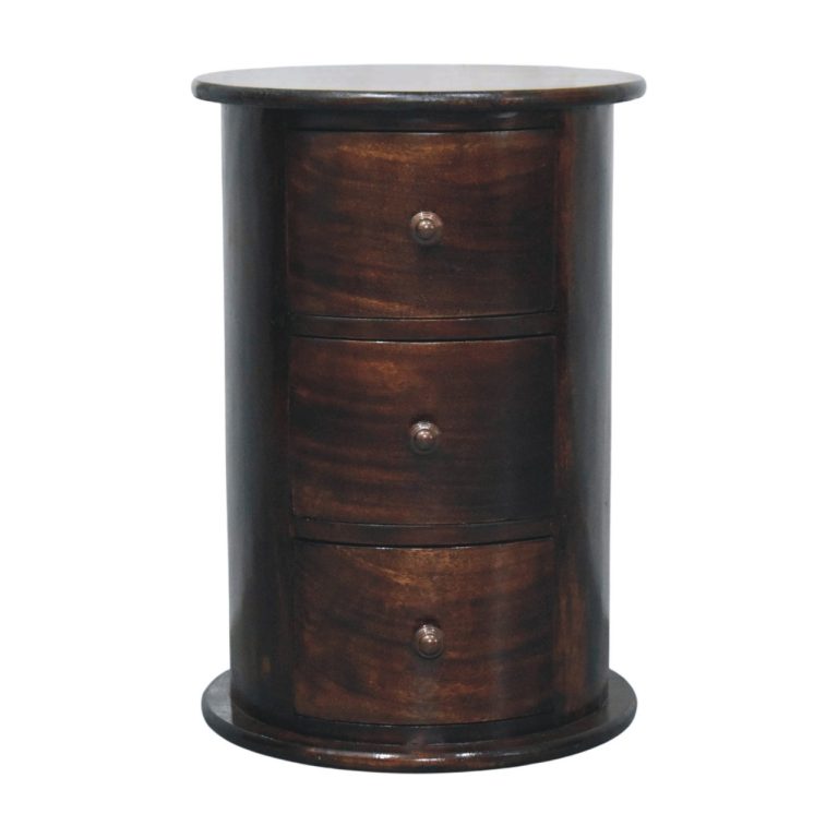Dark wooden cylindrical bedside table with three drawers