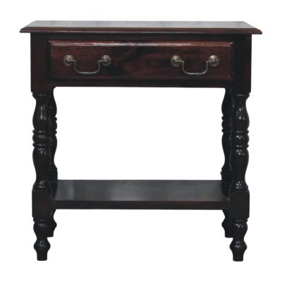 Dark wooden side table with drawer and shelf