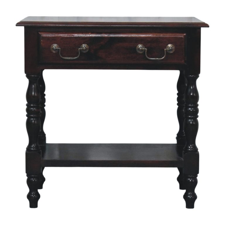 Dark wooden side table with drawer and shelf