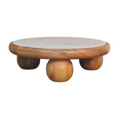 Round wooden coffee table with marble top