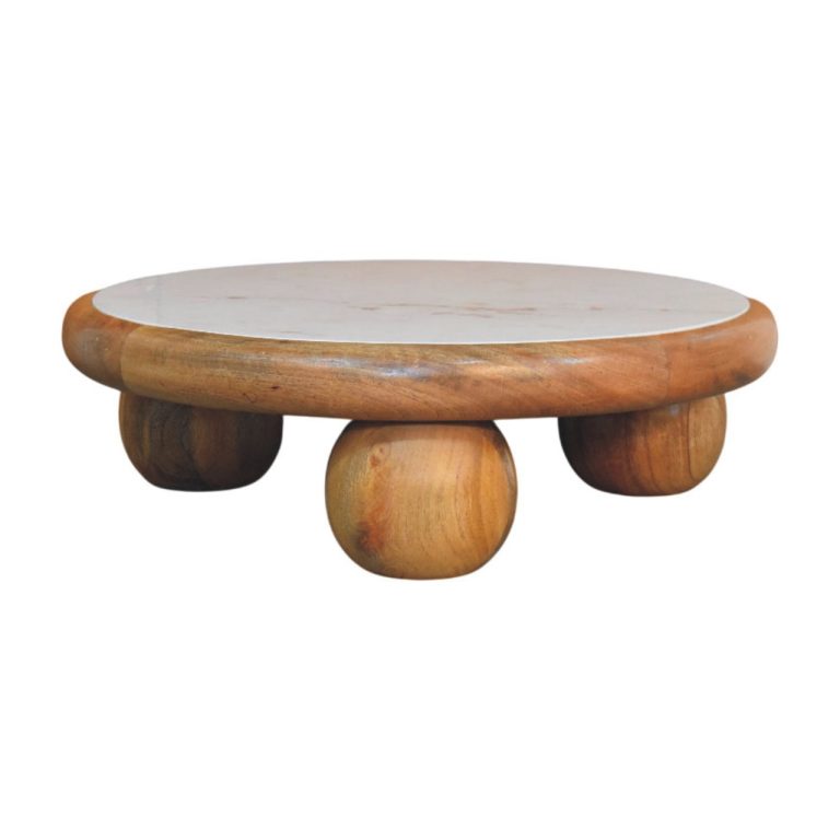 Round wooden coffee table with marble top