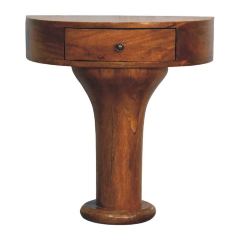 Round wooden pedestal table with single drawer
