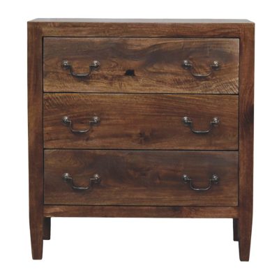 Rustic wooden three-drawer chest with metal handles