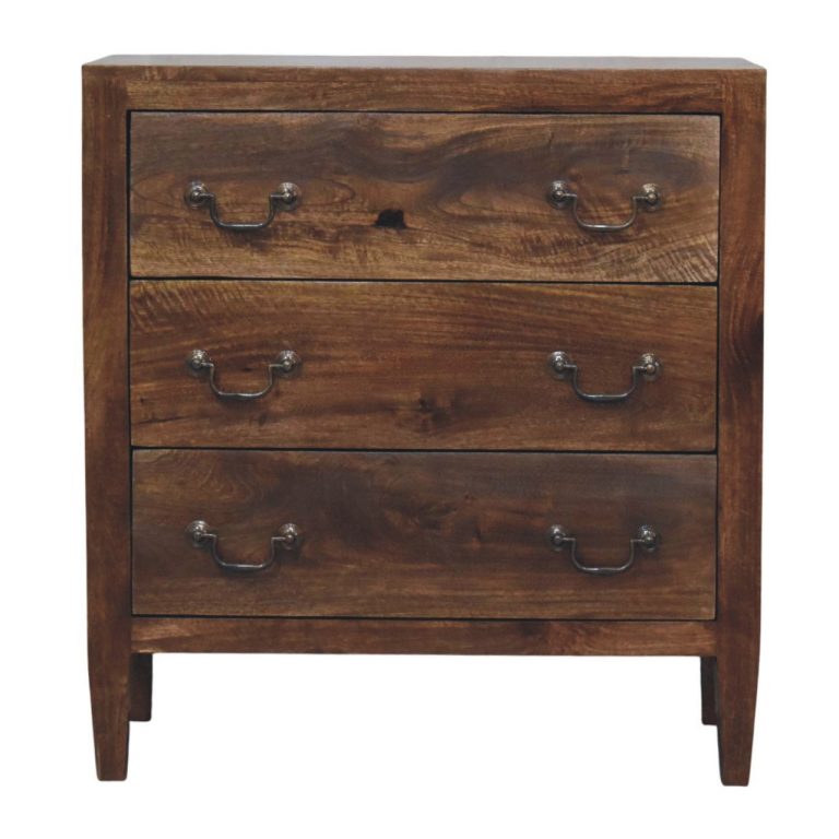 Rustic wooden three-drawer chest with metal handles