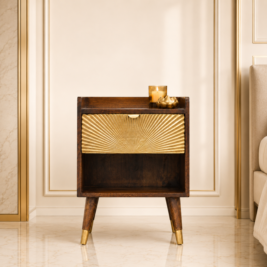 Art deco wooden bedside table with gold drawer
