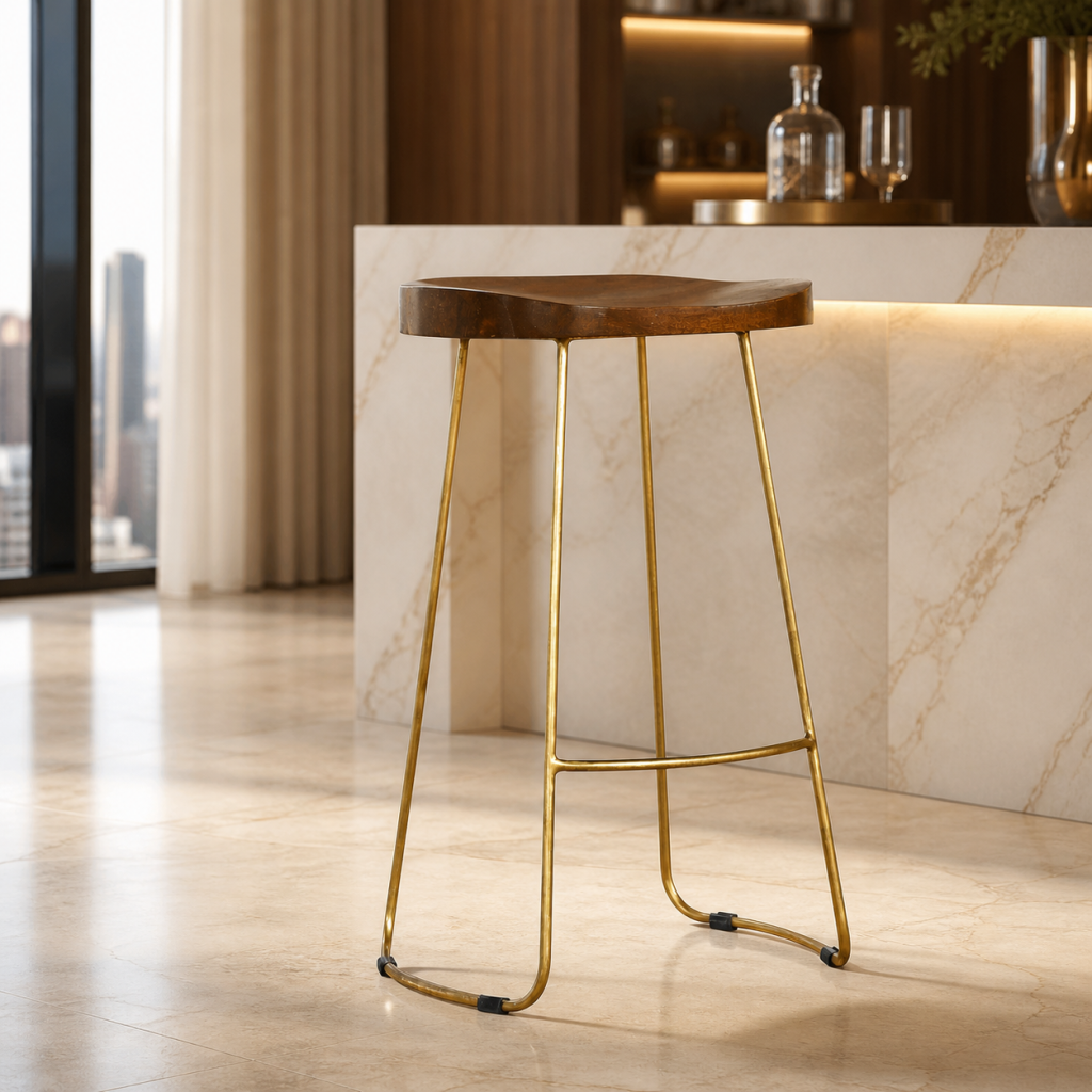 Modern wooden bar stool with gold metal legs