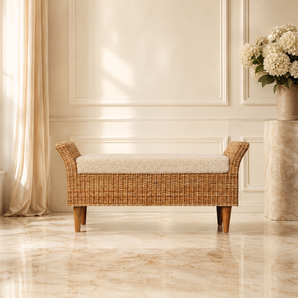 Wicker bench with cushion in elegant cream room