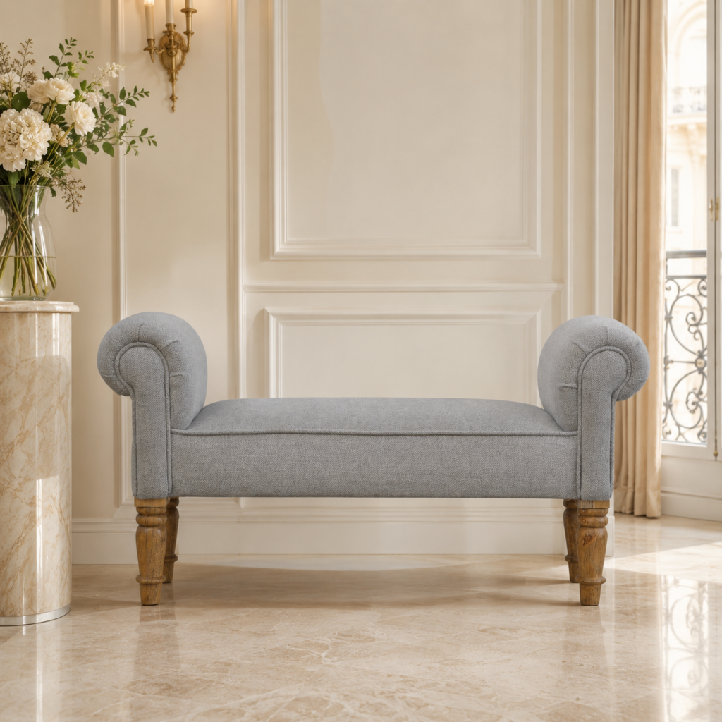 Elegant upholstered bench in classic cream interior