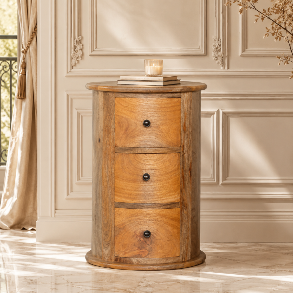 Round wooden bedside table with three drawers