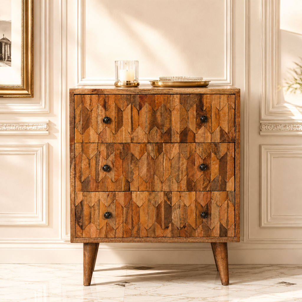 Mid-century wooden chest of drawers with geometric veneer