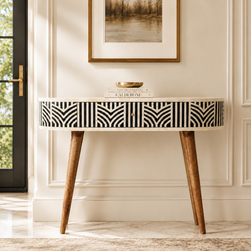 Geometric black and white console table with wooden legs