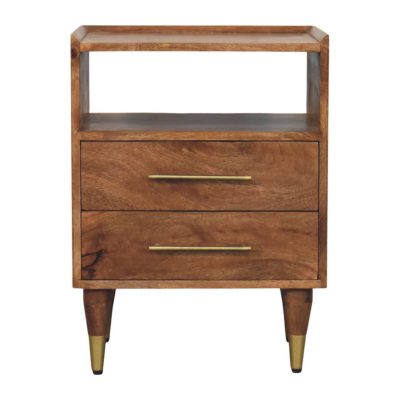Wooden bedside table with drawers and open shelf