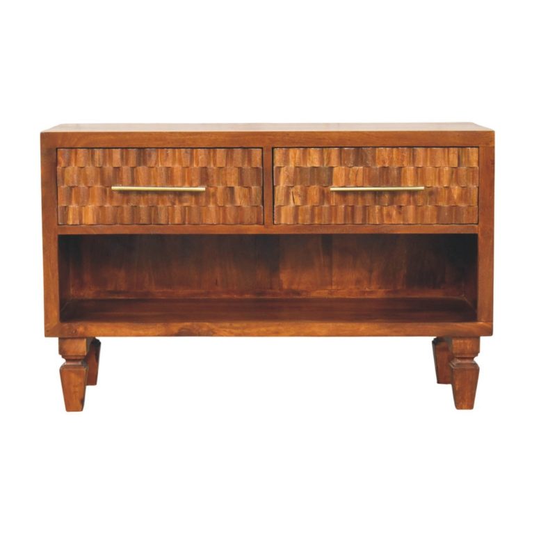 Wooden sideboard with textured drawers and open shelf
