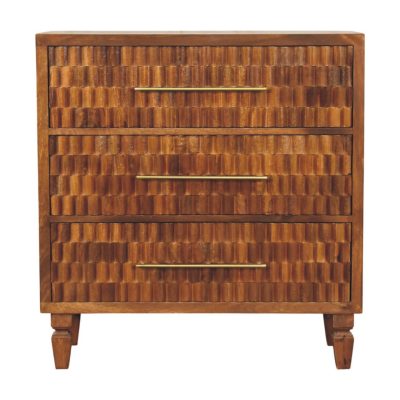Textured wooden three-drawer chest with brass handles