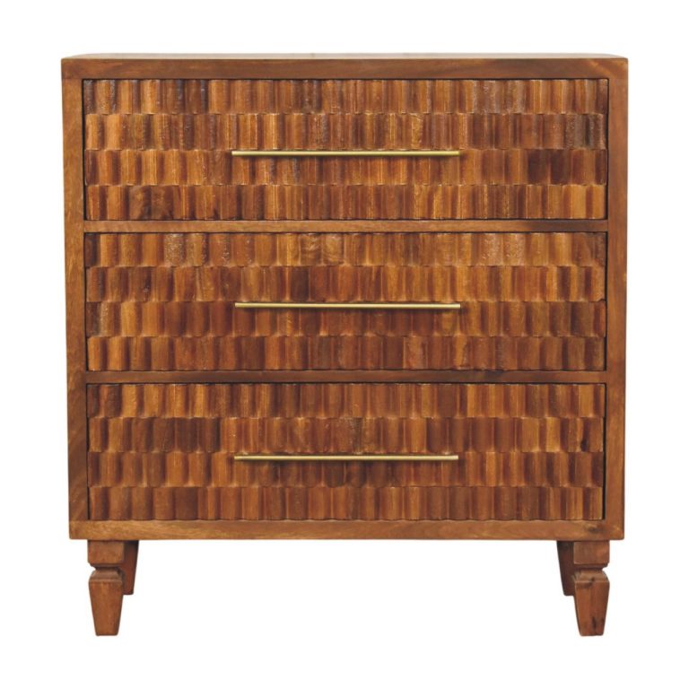 Textured wooden three-drawer chest with brass handles