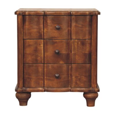 Wooden three-drawer bedside chest with rounded legs