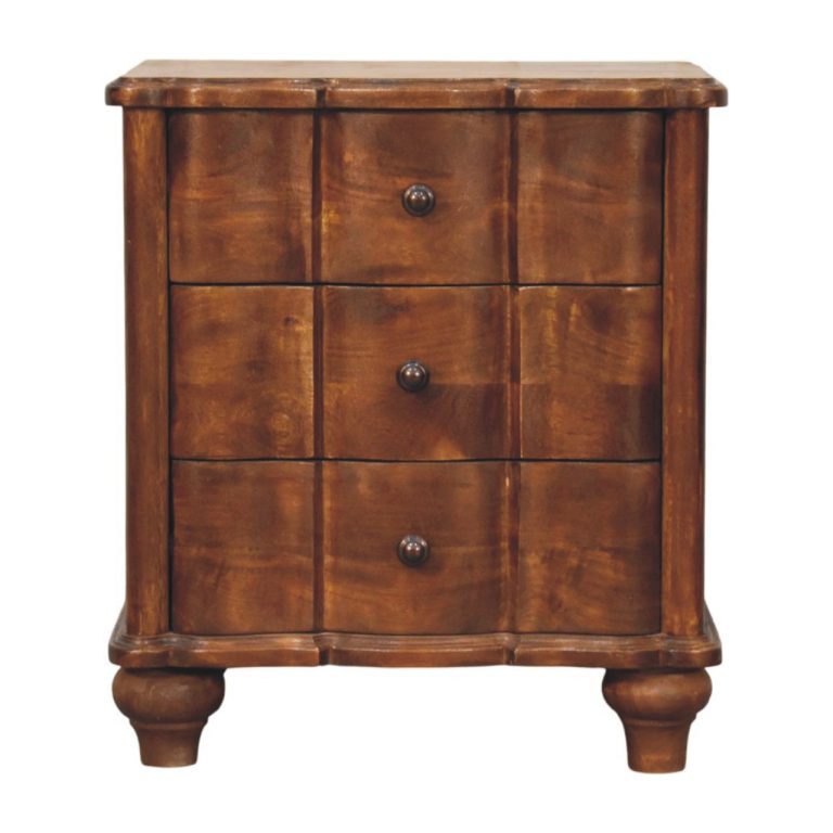 Wooden three-drawer bedside chest with rounded legs
